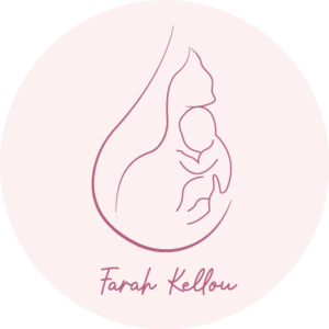 Logo Farah Kellou – kinésithérapeute périnatalité : dessin line art mère portant son bébé enveloppés dans une goutte symbolisant l'allaitement